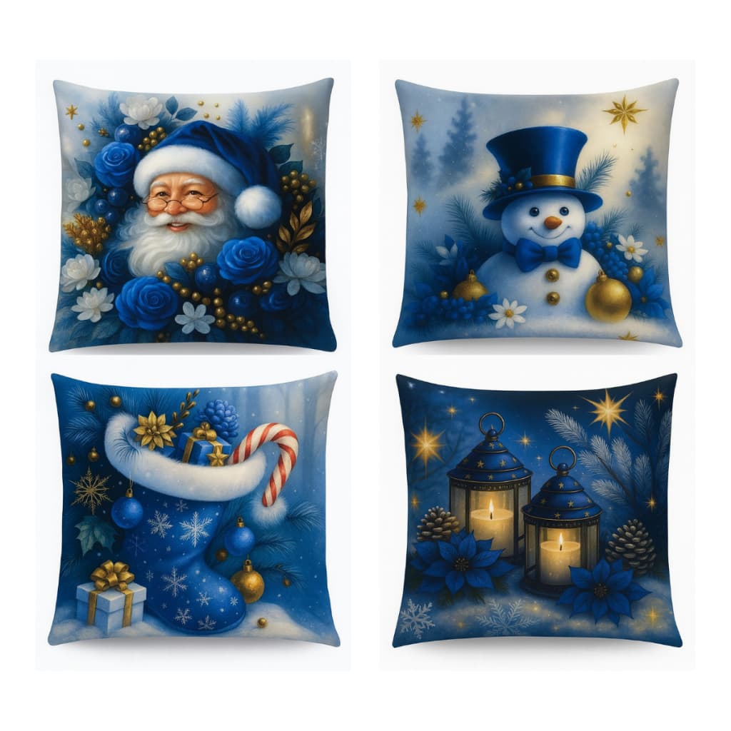 Kit 4 Almofadas Natal Azul Luxo 45x45 Dupla Face Decorativa Para Sofá Elegante