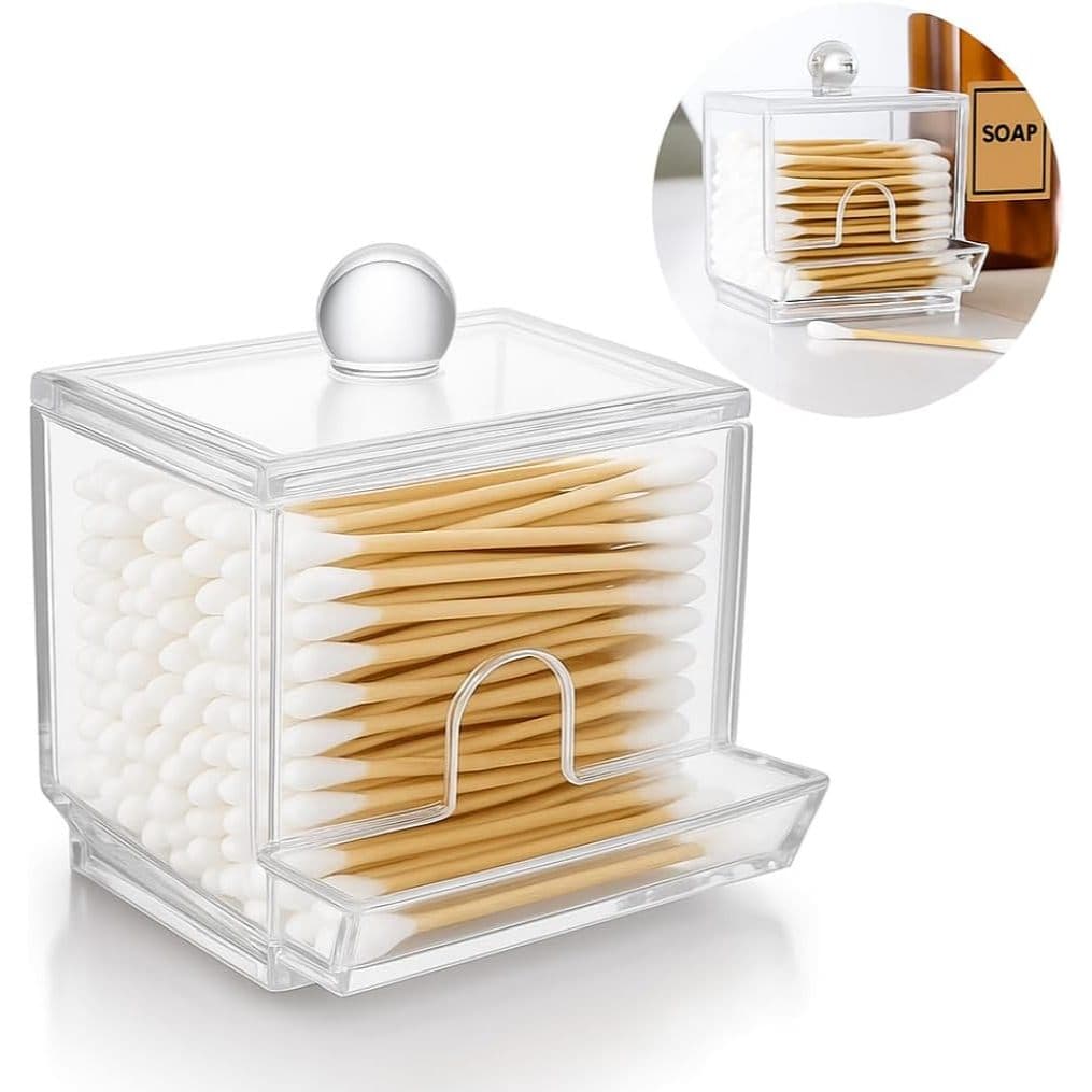 Organizador de Cotonetes em Acrílico com Tampa Porta Cotonete Compacto Transparente