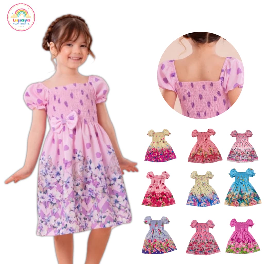 Vestido Infantil Menina Estampado E Liso Com Laço Rodado Colorido Para Festas e confraternizações