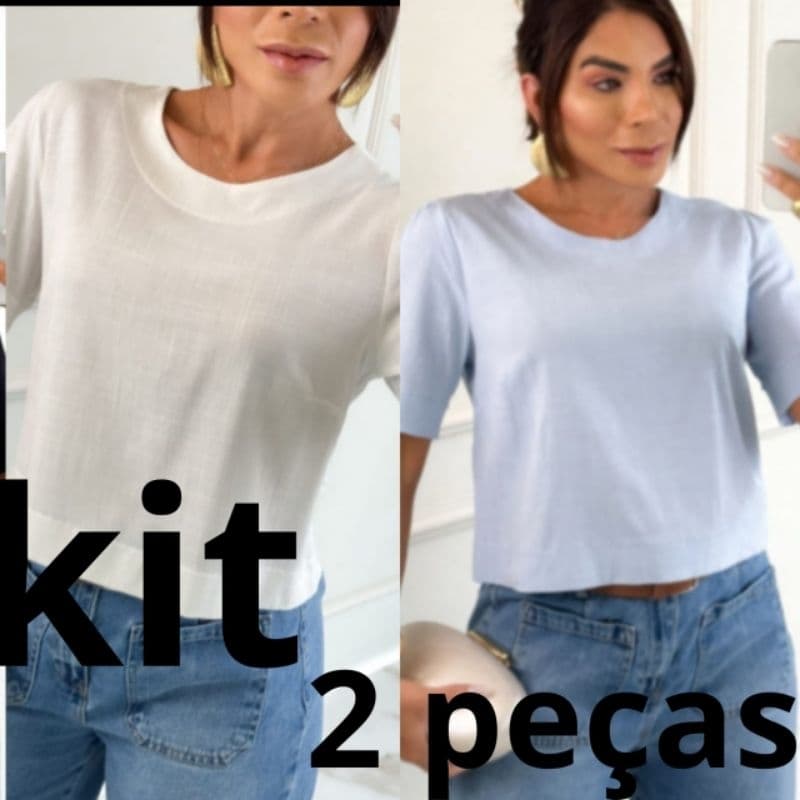 KIT 2 blusas de manga curta no viscolinho com elastano