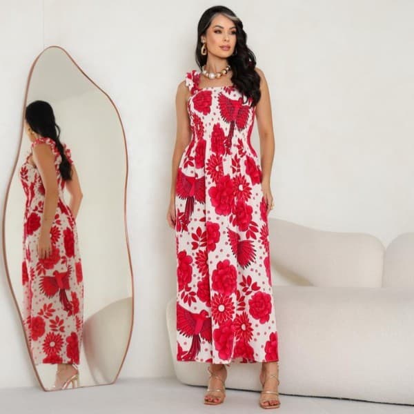 Vestido Longo  Estampa Floral Azul Decote Quadrado Lastex  Ausa Com Babados  Verão Elegante