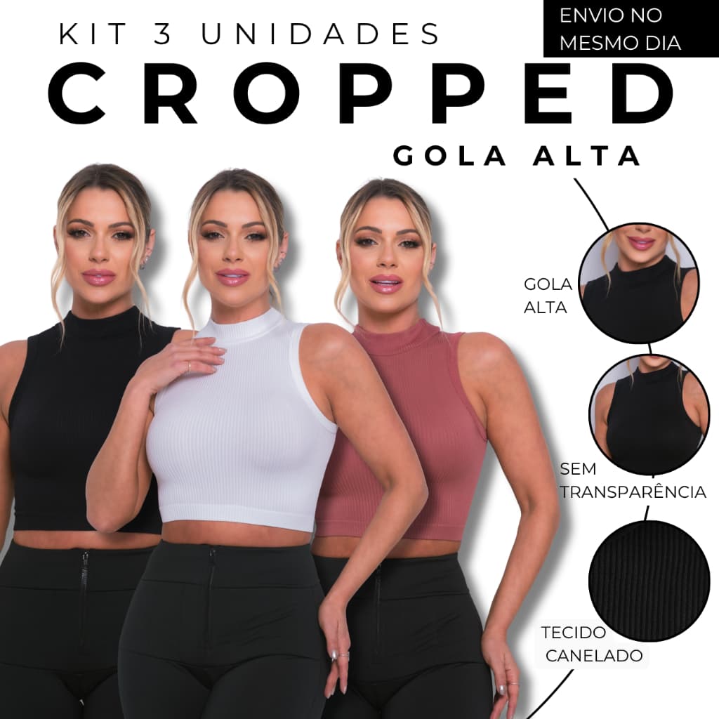 KIT 03 Cropped Poliamida Gola Alta Premium Canelado Regata Sem Transparencia Uso Casual Esportivo Academia
