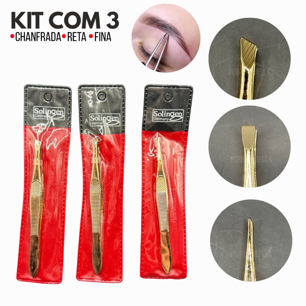 Kit 3 Pinças Solingen Para Designer De Sobrancelhas Aço Inox CHANFRADA+ AGULHA+ RETA - Esterilizável