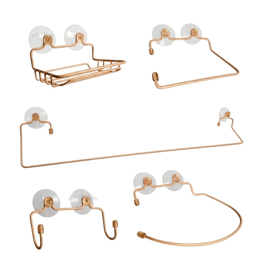 Kit De Banheiro Completo Rose Gold Ventosa Parede Metal Saboneteira Ventosa Toalheiro Ventosa