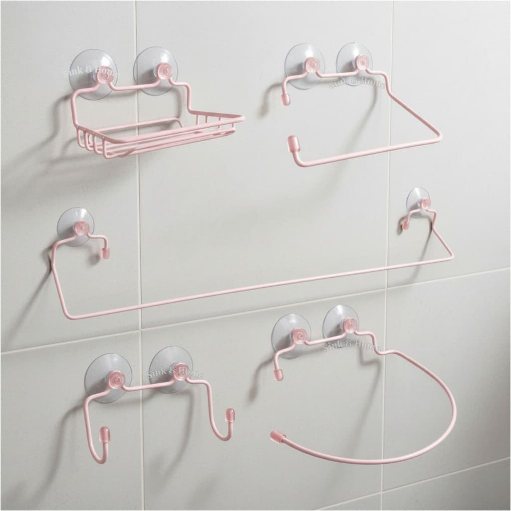 Kit De Banheiro Completo Rosa Ventosa Parede Metal Saboneteira Ventosa Toalheiro Ventosa