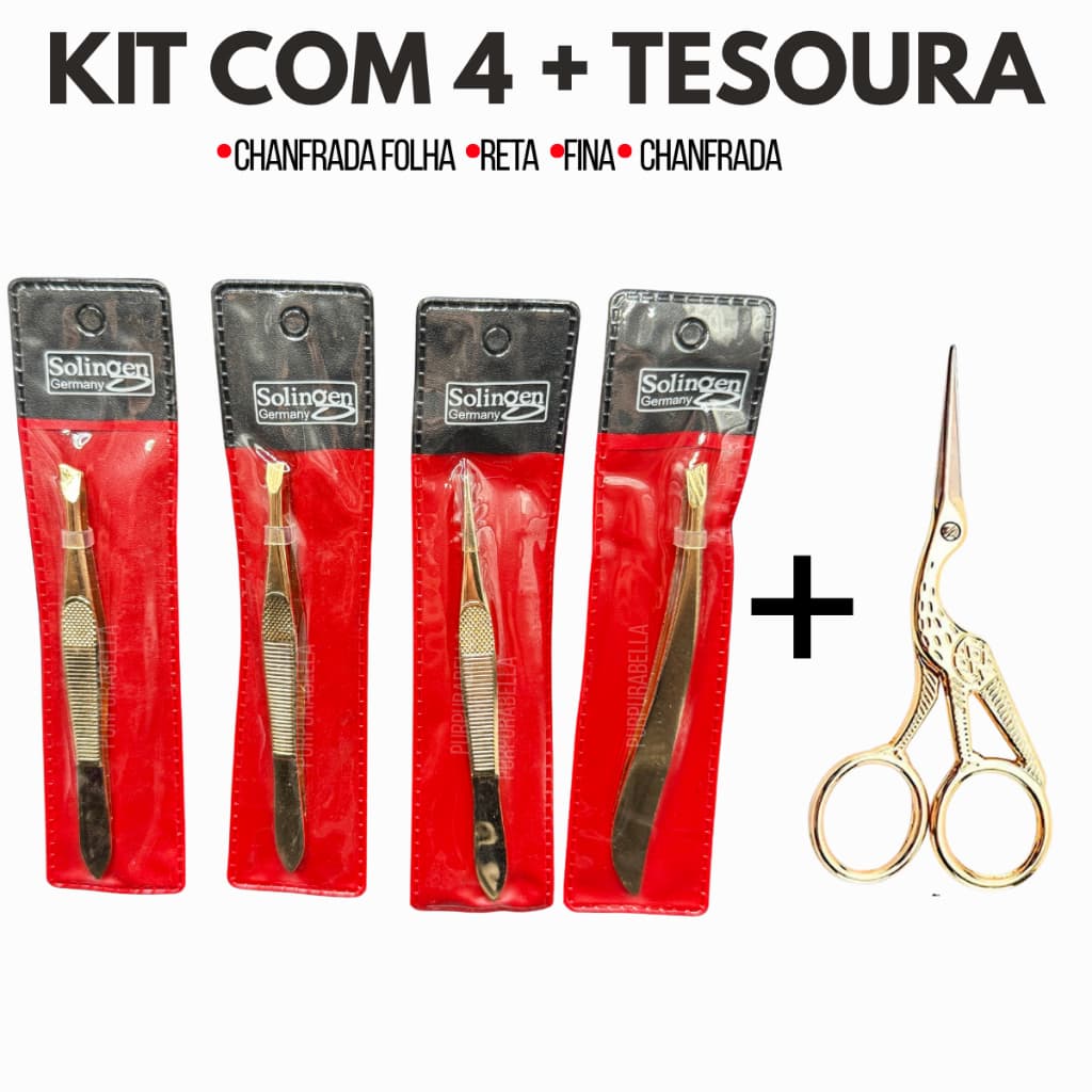 Kit 4 Pinças Solingen + Tesourinha Design Sobrancelhas (Reta+Chanfrada+Ponta Agulha+Chanfrada Folha)