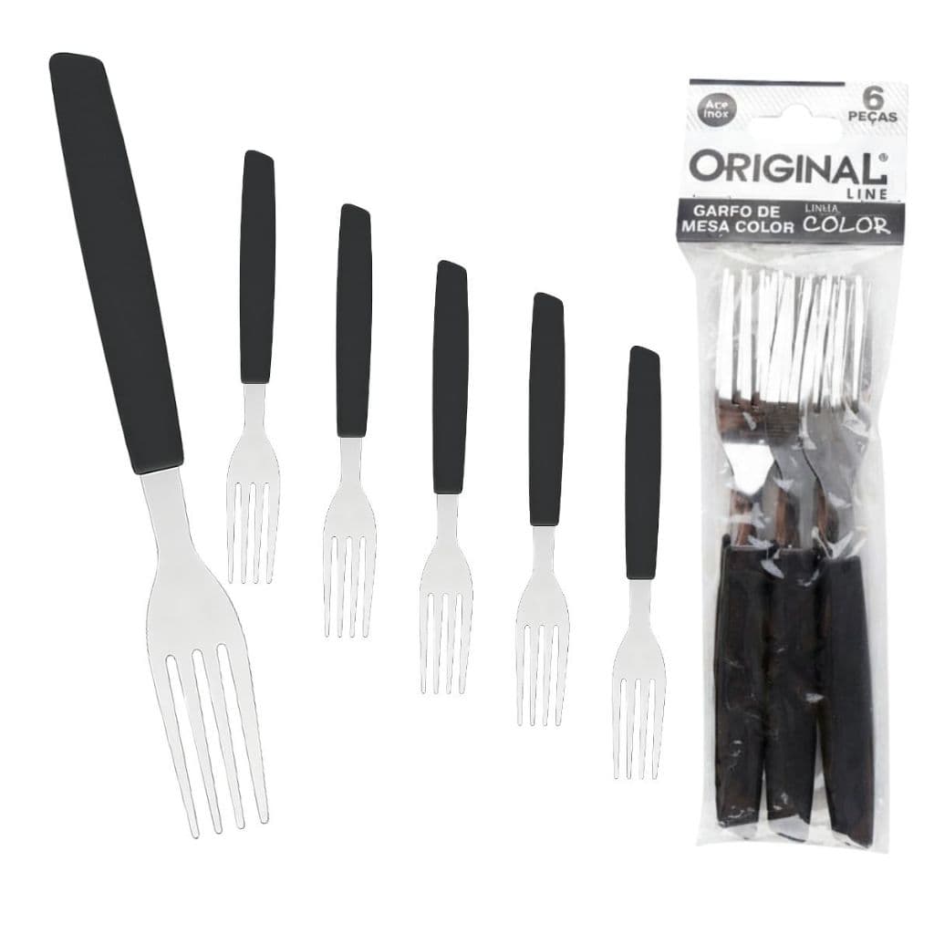 Jogo com 6 Garfos de Inox Cabo de Plástico Kit com 6 Peças Talher para refeição Colher Garfo Faca