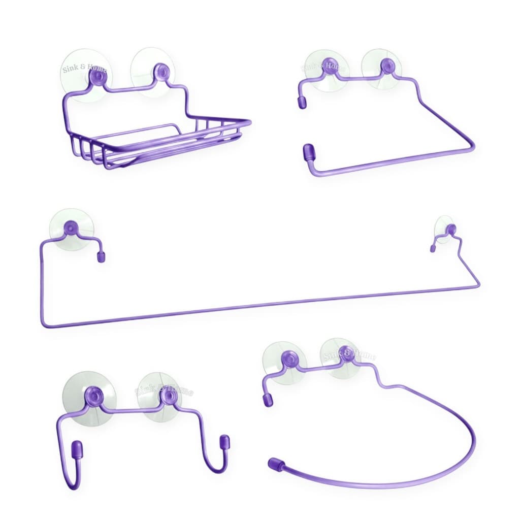 Kit De Banheiro Completo Lilás Ventosa Parede Metal Saboneteira Ventosa Toalheiro Ventosa