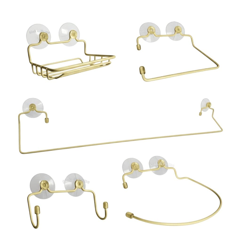 Kit De Banheiro Completo Dourado Ventosa Parede Metal Saboneteira Ventosa Toalheiro Ventosa