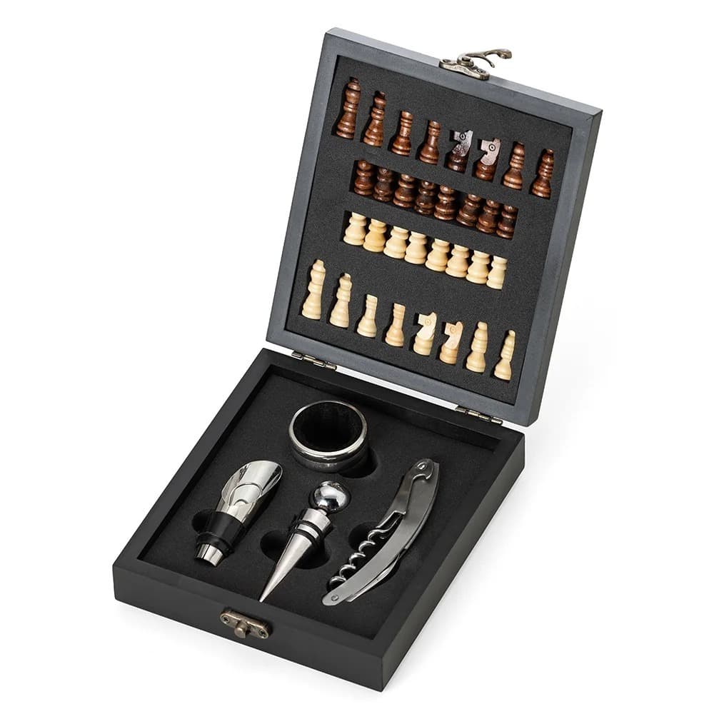Kit Abridor De Vinho 4 Peças E Jogo Xadrez De Madeira Personalizado com NOME