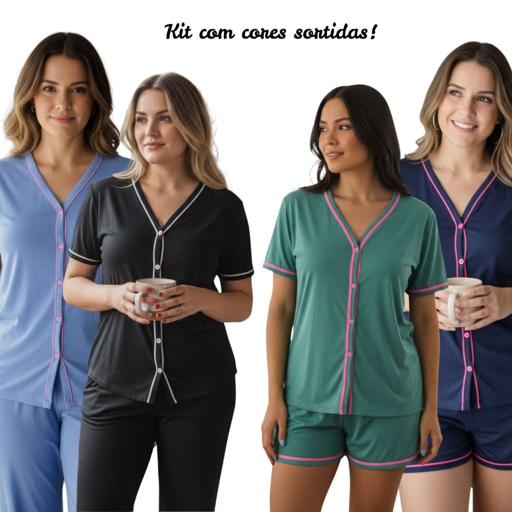 Kit 2 Pijamas Amamentacao Americano Longo Cirurgico com botoes em Malha Cores Sortidas