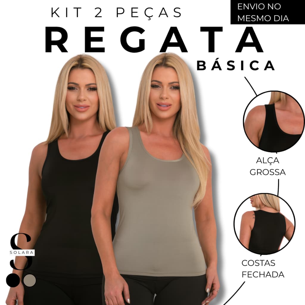 KIT 02 Regata Alça Grossa Basica Feminina Costas Fechada Malha Fria Uso Esportivo Casual Fitness