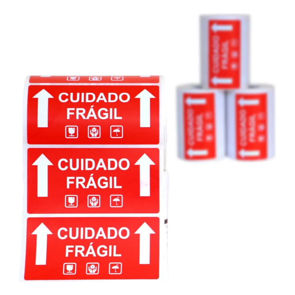 Rolo de Etiqueta Couchê Cuidado Frágil 1000 /500 unidade 100x50mm