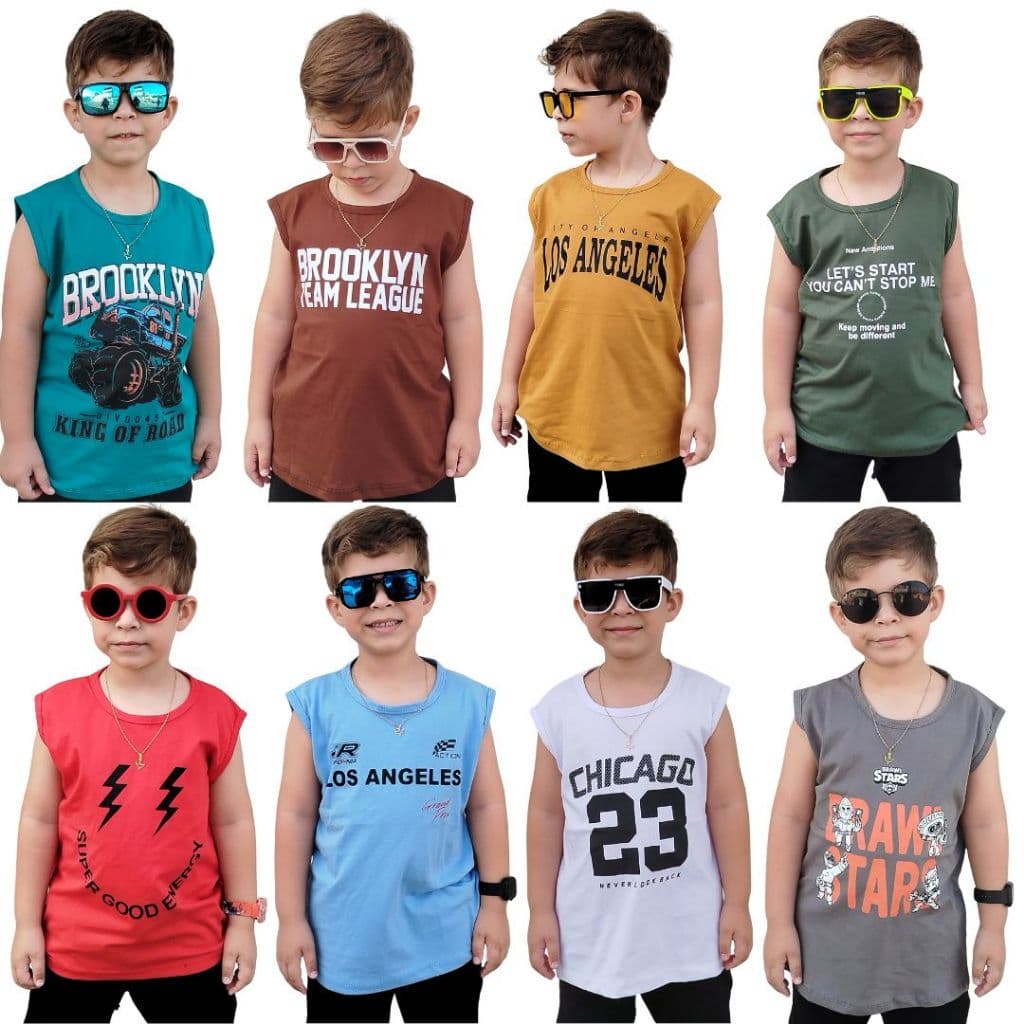 Kit Com 3 Regatas 100% Algodão Sortidas Infantil Menino Lançamento  Verão Camiseta Veste 2 ao 12 Anos