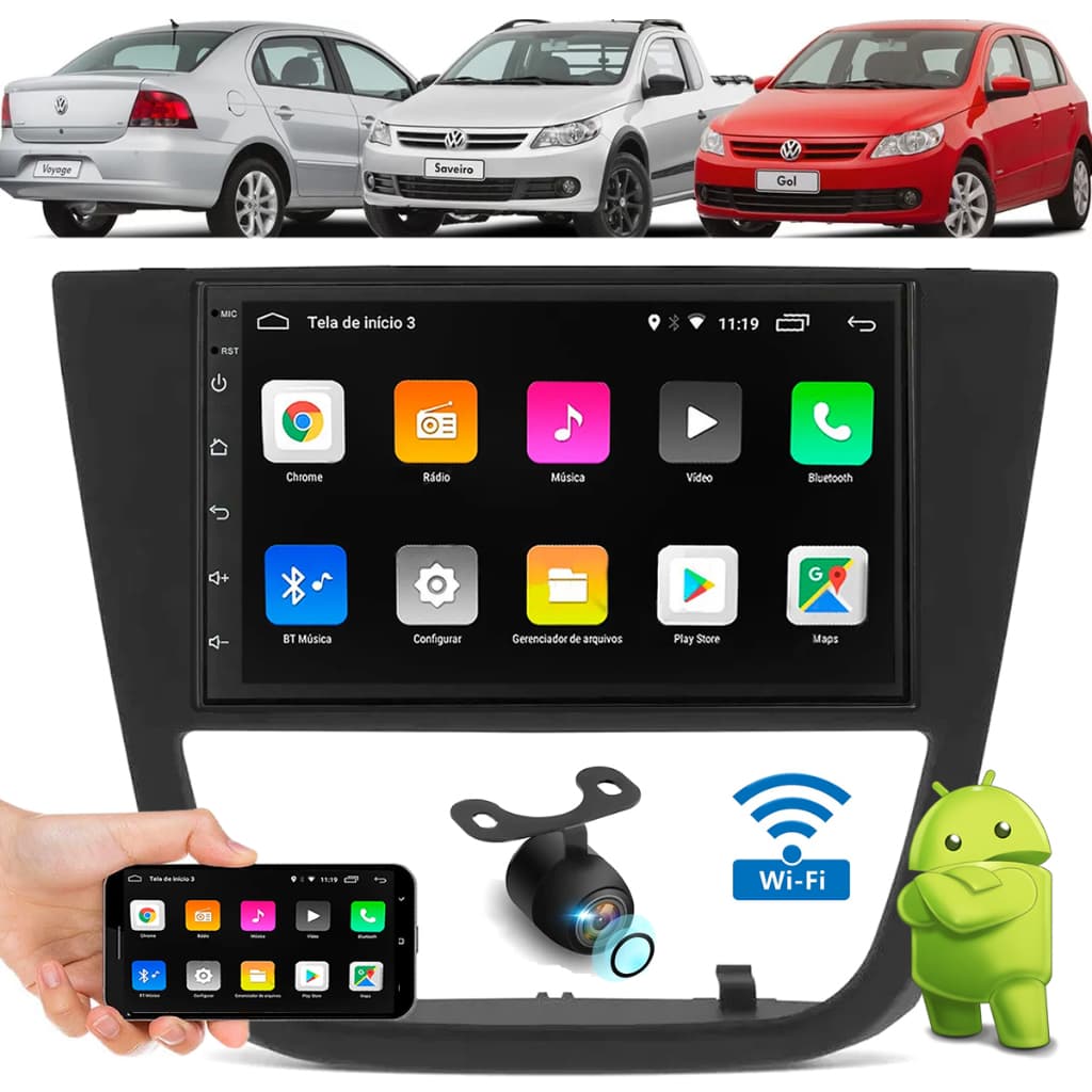 Kit Multimidia Android Gol G5 Saveiro G5 Voyage G5 GPS Wifi + Moldura + Camera de re