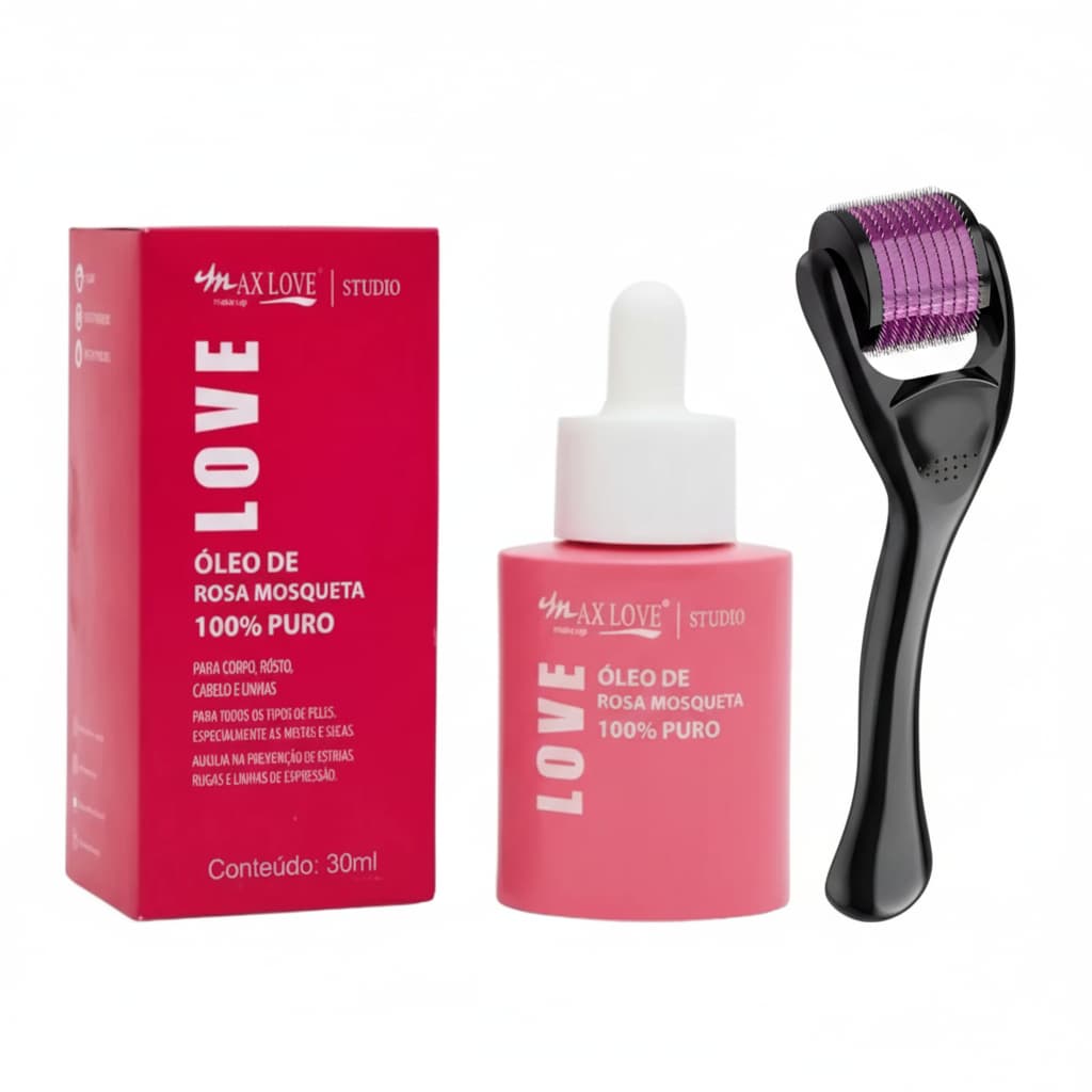 Kit Microagulhamento Dermaroller e Óleo de Rosa Mosqueta 100% Puro Para Estrias Rugas Pele