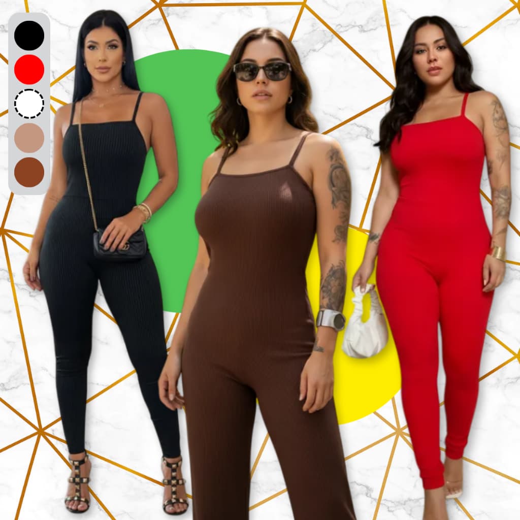 Macacão com Alça Canelado 3D Longo Slim de Alcinha Gringa Modeladora Modelador Virginia Luxo Listras