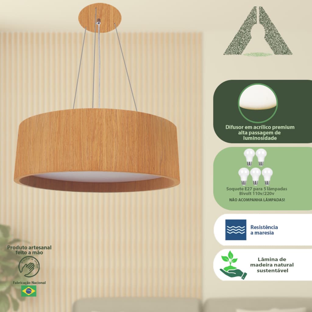 Lustre Pendente Madeira Redondo 60cm | Iluminação Moderna Sala Jantar