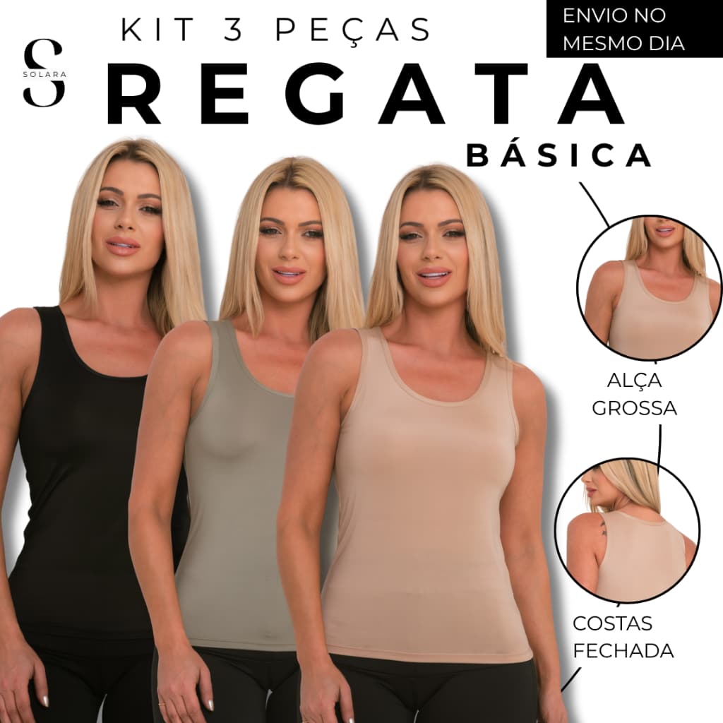 KIT 03 Regata Alça Grossa Basica Feminina Costas Fechada Malha Fria Uso Esportivo Casual Fitness