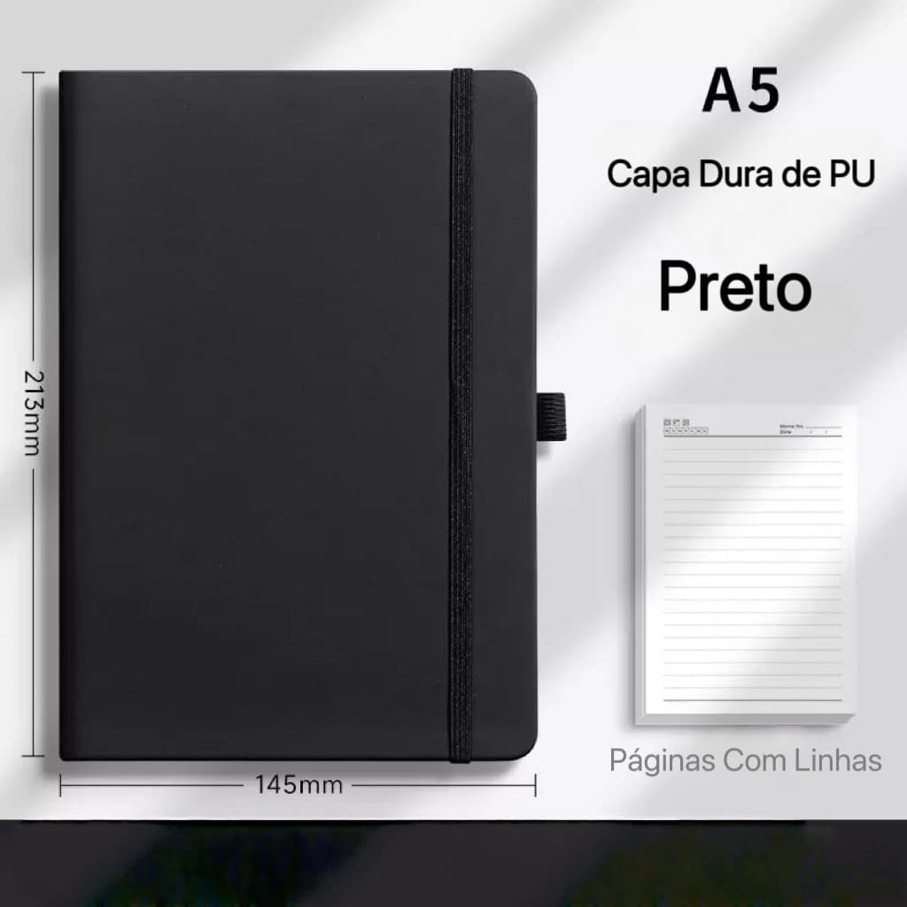 Caderno A5 Preto - Capa Dura - Perfeito para Estudos e Trabalho