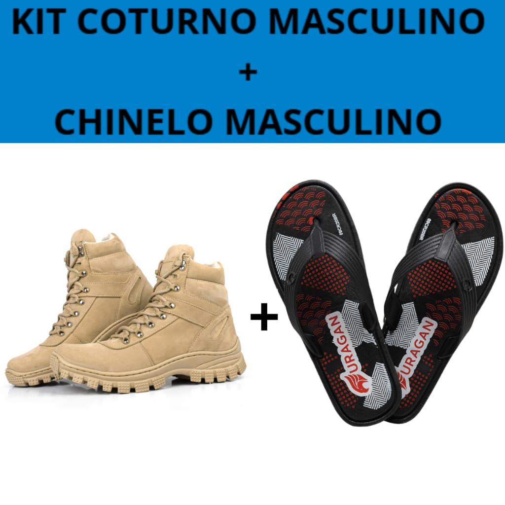 Kit Bota Coturno Militar Masculino Couro Areia + Chinelo Masculino Antiderrapante Borracha Macio