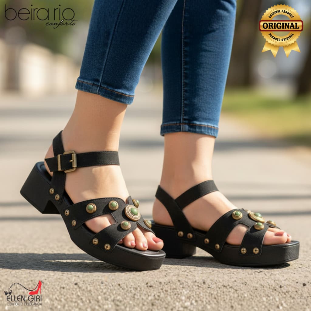 Sandália Feminina BEIRA RIO Conforto Salto Grosso 5 cm com Tachas Metálicas – Casual e Elegante