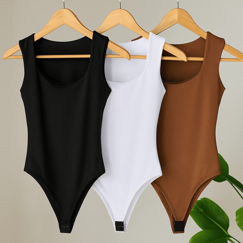 Kit 3 Body Feminino Regata Suplex Liso Alça Larga Decote Quadrado Casual