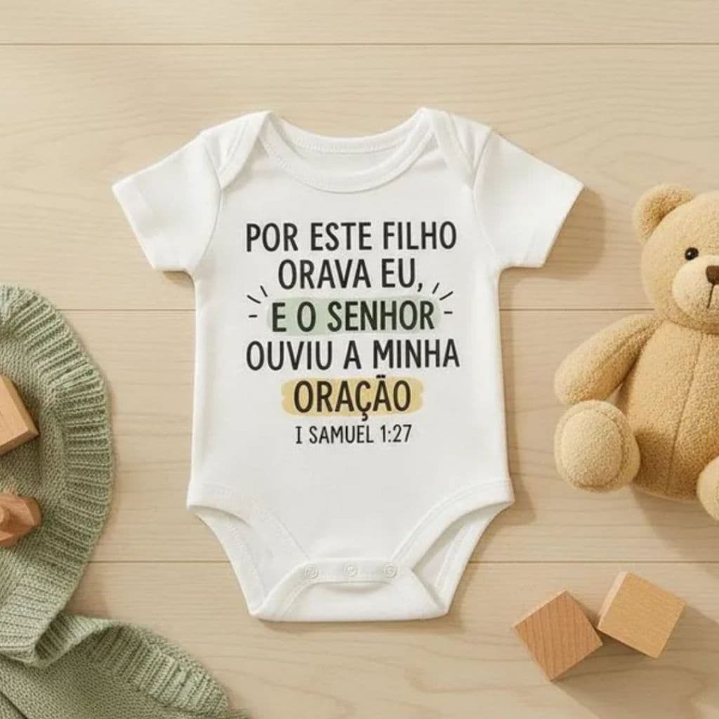 Body curto bebê branco divertido estampado frase revelação gravidez surpresa oração milagre