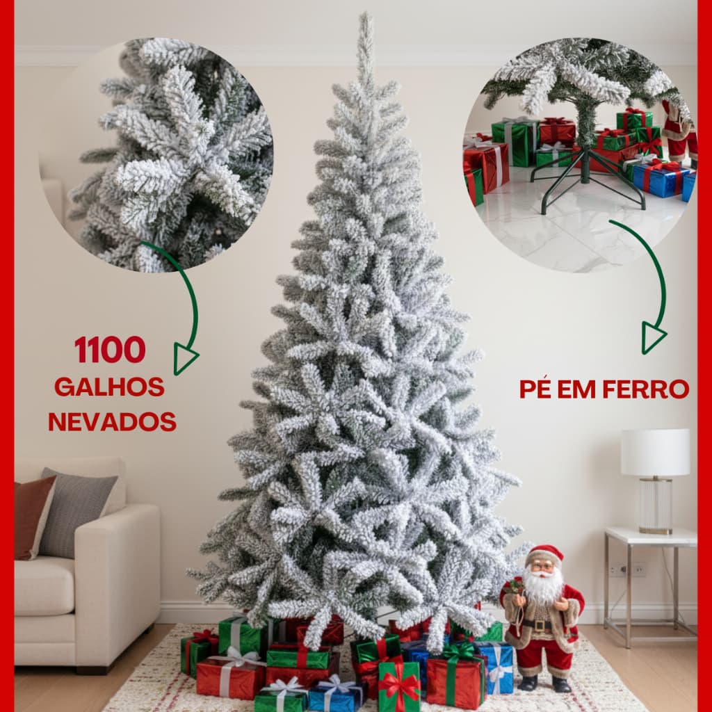 Árvore de Natal Nevada Pinheiro 2,10m Luxo Cheia Premium 1100 Galhos + 10 PINHAS GRÁTIS