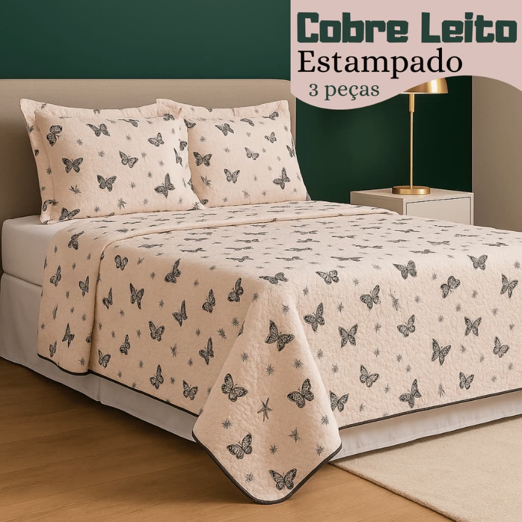 Cobre Leito e Porta Travesseiro Kit 3 peças Estampado de Borboleta para Cama Casal Padrão Promoção