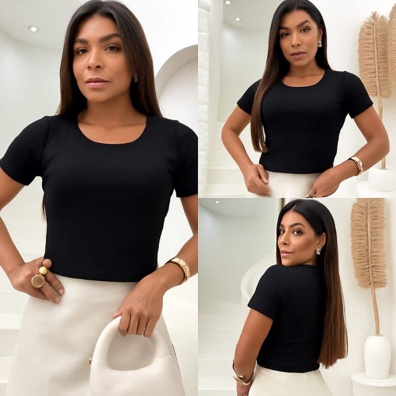 BLUSA FEMININA DE MANGA CURTA COM ELASTANO NO RIBANA duplo frente