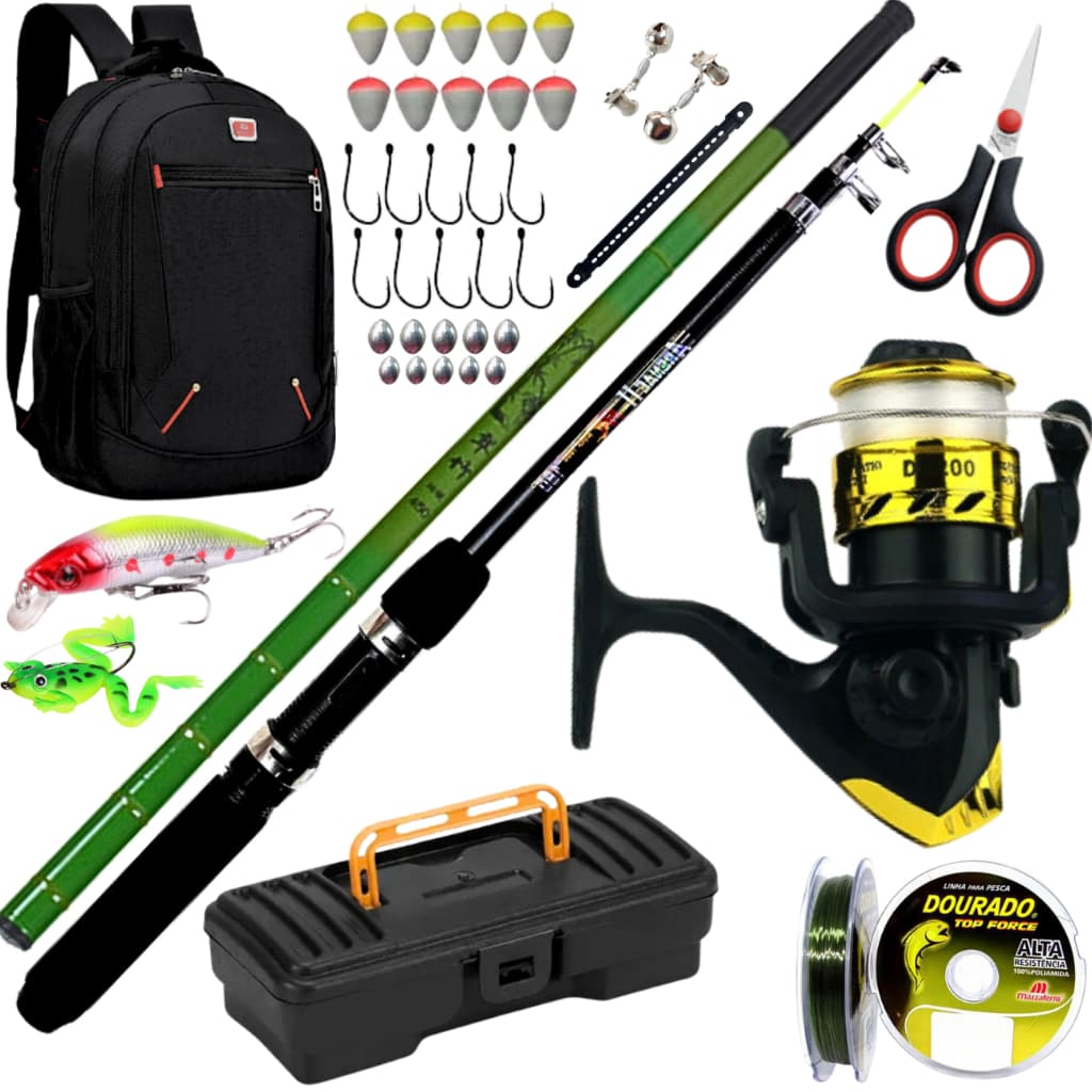 Molinete de Pesca com Vara Telescópica de Mão Mochila Isca Artificial Anzol Kit Pescar Bagre Robalo