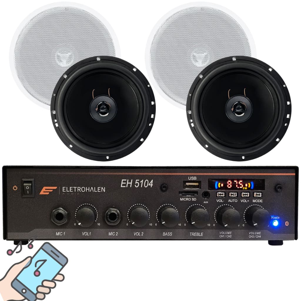 Kit Som Ambiente Bluetooth Amplificador 4 Canais + 4 Arandelas De Teto 6 Pol 70W Alexa Bivolt