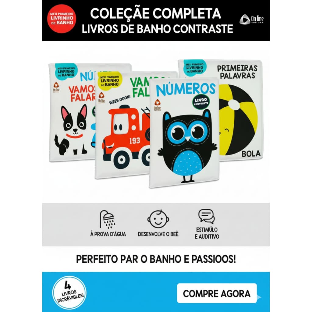 Livro de Banho Bebê Sensorial Montessori | Cachorrinho Carrinho Números Palavras