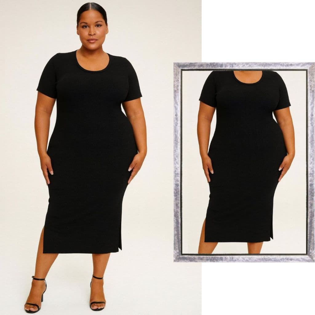 Vestido Midi Plus Size Com Manga Canelado Tubinho Fenda Lateral