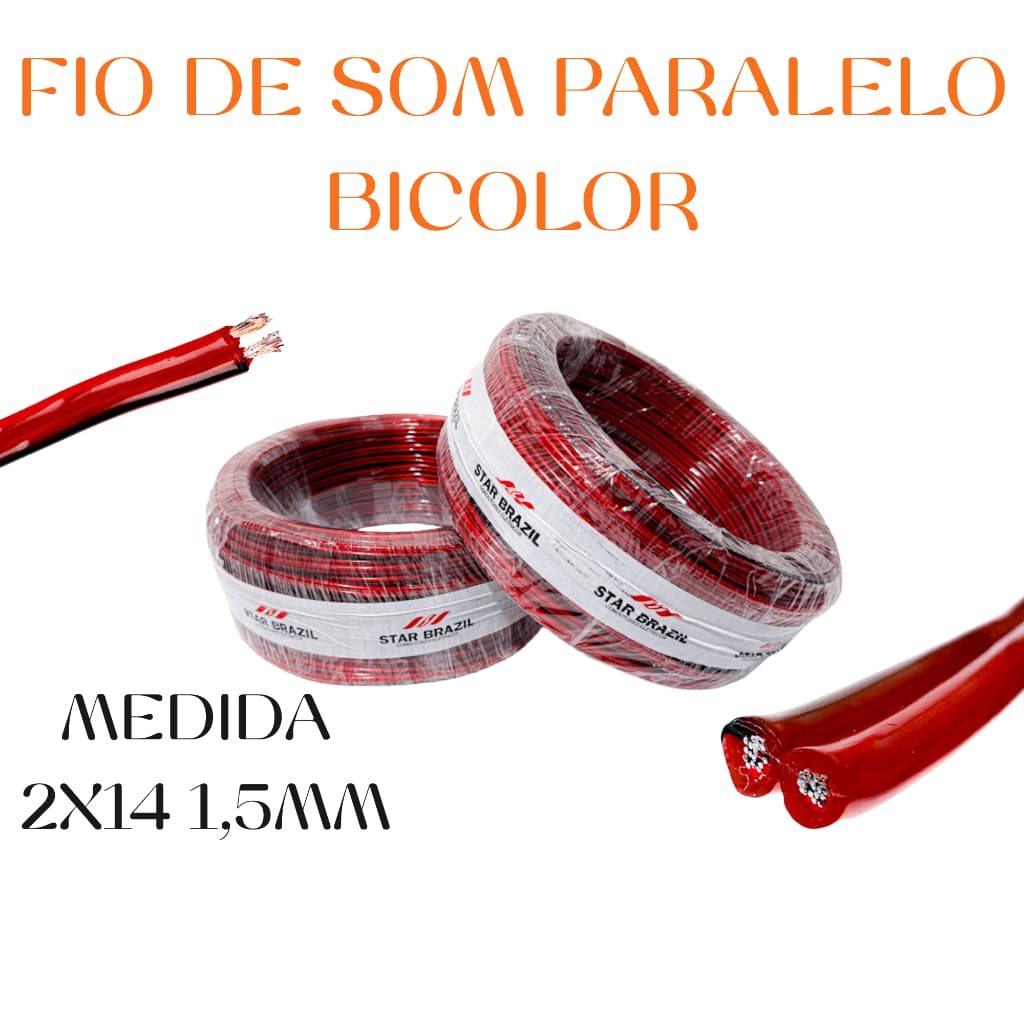 Cabo de som paralelo Fio Bicolor 2 vias 2x12mm 2,5mm 2x14 1,50mm 50 ou 100 metros