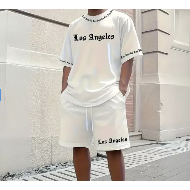 Conjunto Camiseta Larga Oversized + Bermuda Moletom Los Angels Confortável 100% Algodão Dia a Dia Esporte