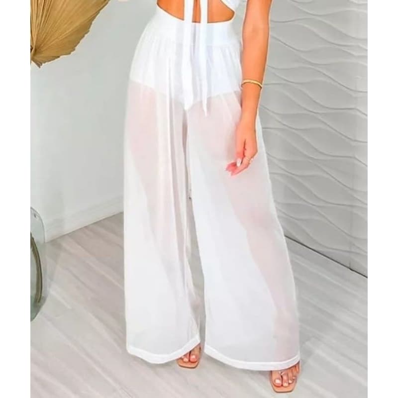 Calça Pantalona Branca Feminina Cintura Alta Wide Leg Fluida Leve Transparência Verão Praia Resort Moda Tendência