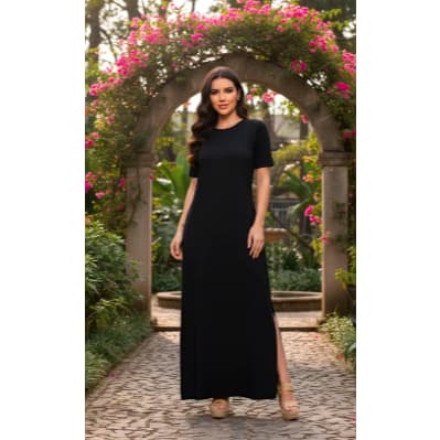Vestido Longo Abertura Lateral Casual Elegante Manga Curta Fresquinho