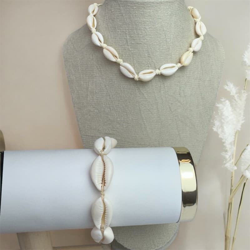 🐚 Conjunto Colar e Pulseira de Conchas Naturais – Estilo Praia 🌴✨