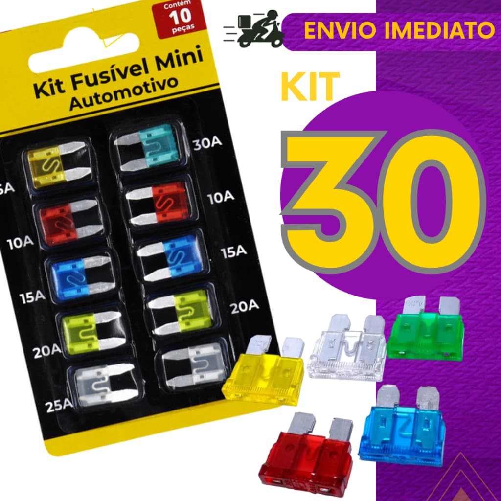 Kit 30, 20 ou 10 un - Mini Fusível Automotivo Lâmina P/ Carro E Moto 5A 10A 15A 20A 25A e 30A