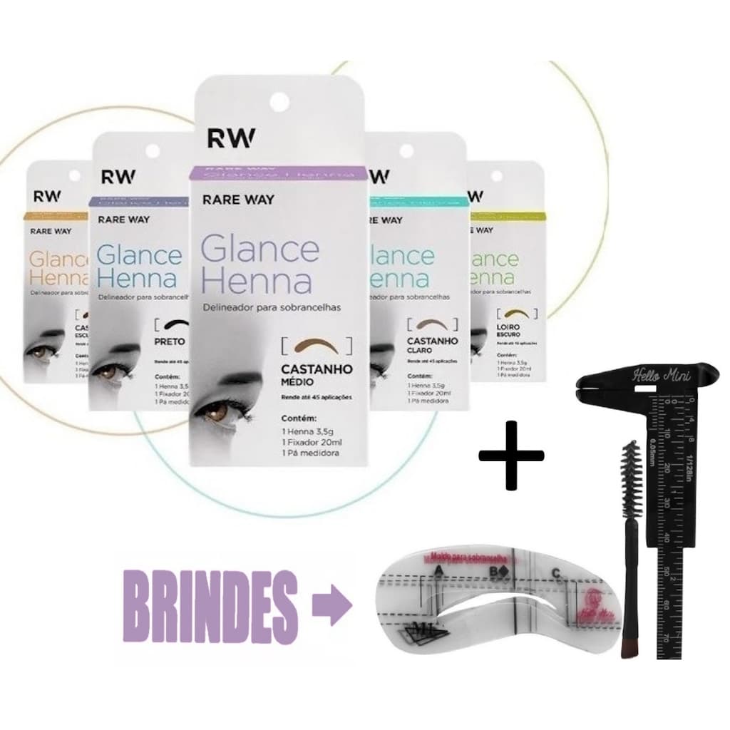Henna Para Sobrancelhas Glance Rare Way Profissional + Moldes + Mini Pincel Duplo e Paquimetro 8cm