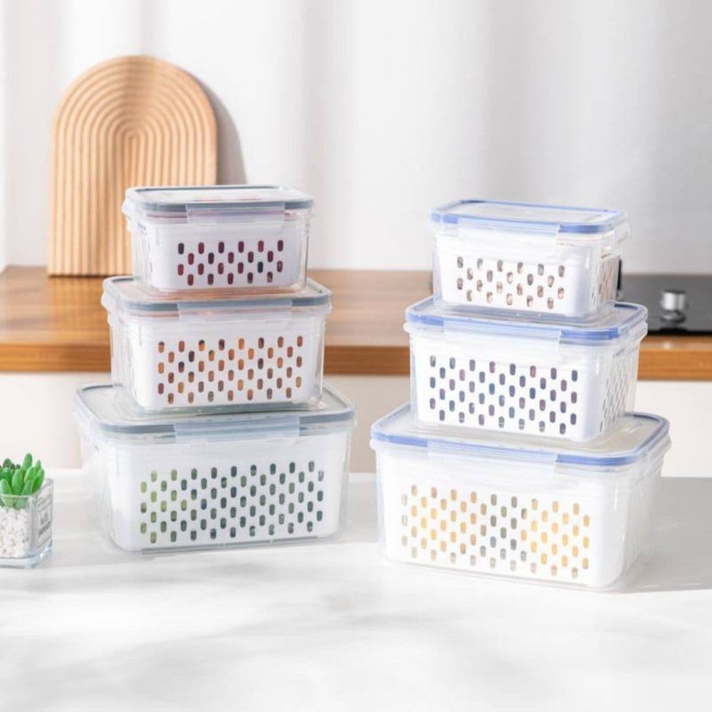 Kit 3 Potes Herméticos com Cesto Interno Removivel Vedação Total Cozinha Frutas Geladeira