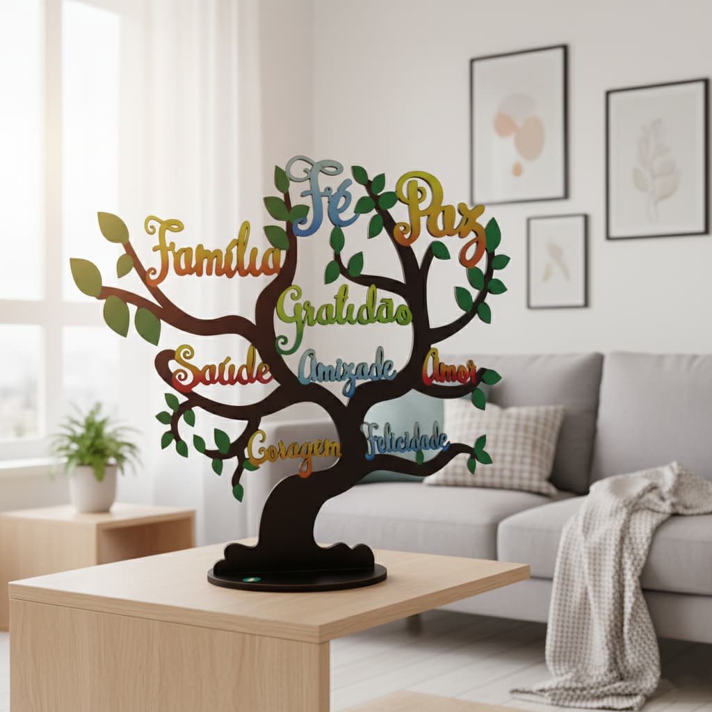 Placa Decorativa de Mesa Árvore Mensageira em MDF Colorida - Palavras Positivas e Motivacionais
