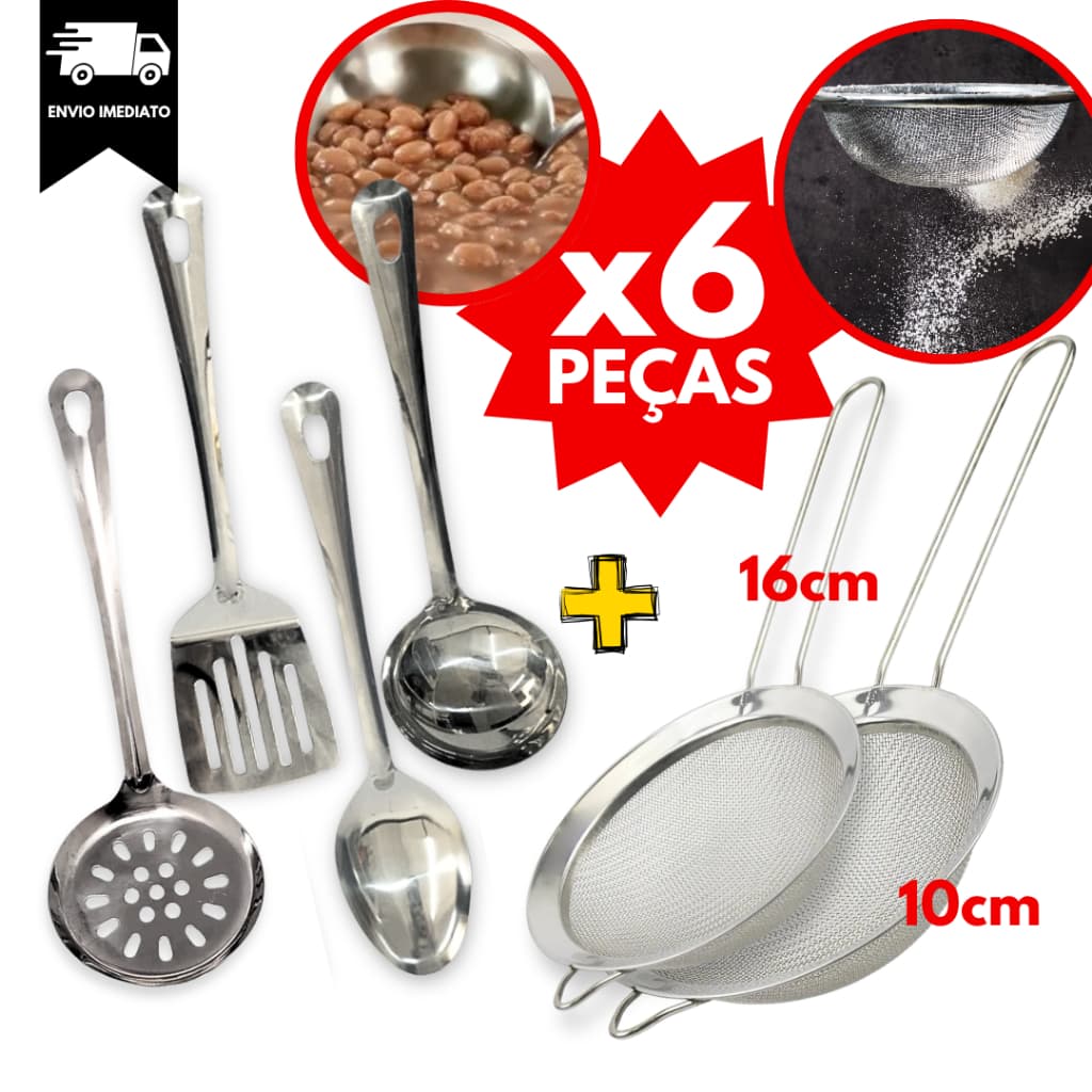 Espatula Escumadeira Colher de Arroz Concha+ 2 Peneiras 6 Peças Utilidades Kit INOX Cozinha Casa