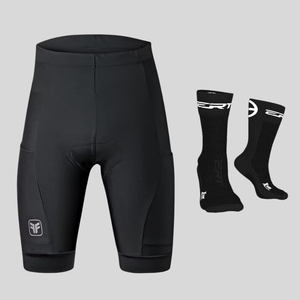 Kit Bermuda De Ciclismo Masculina Free Force Basic Com 3 Bolsos + Meia Ert Preta