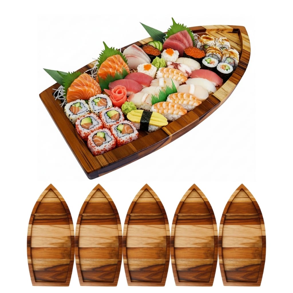 5 Barcas Sushi Sashimi Madeira Teca Para Servir Comida Oriental 40Cm