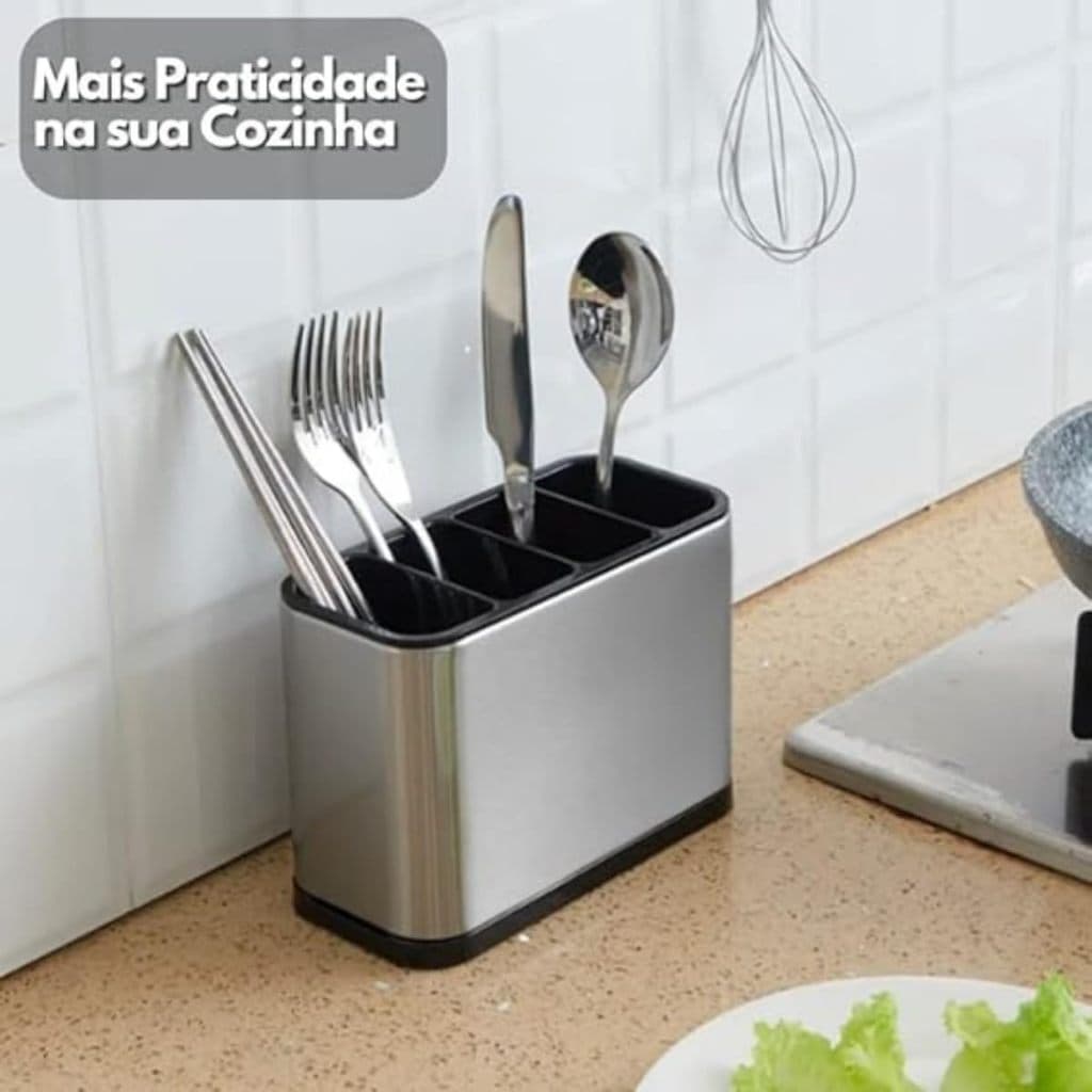 Escorredor Porta Talheres Aço Inox com Sistema de Drenagem Organizador de Talheres Resistente