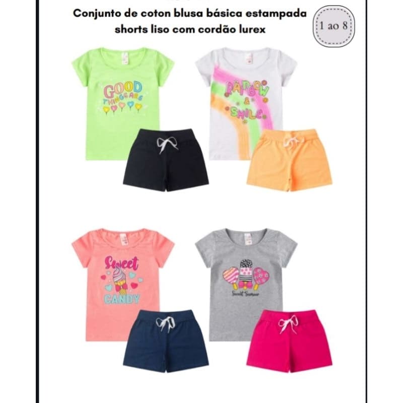 Conjunto Infantil Feminino de Cotton – Blusa Estampada + Shorts Liso com Cordão Lurex, Confortável e Estiloso