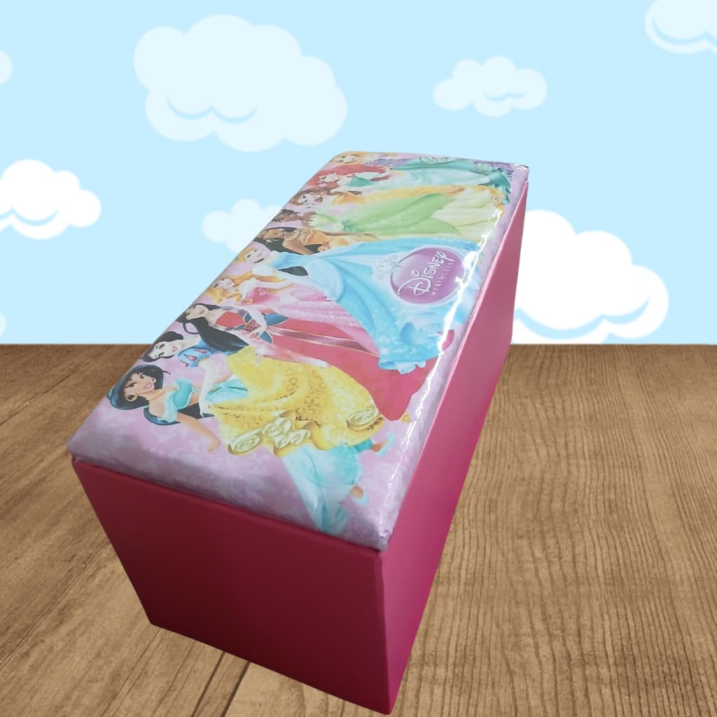 Baú Infantil Princesas Decorado Puff Organizador 90cm Reforçado Guarda Brinquedos